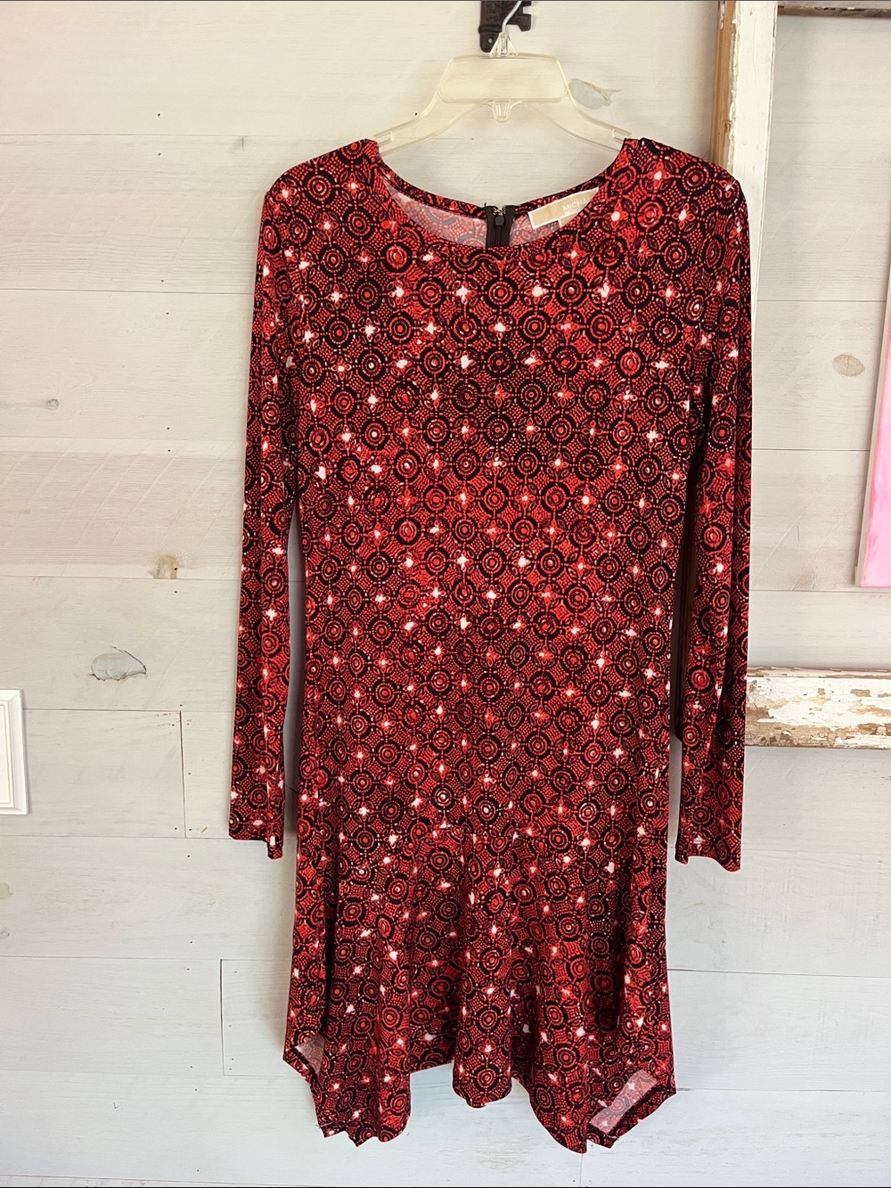 MICHAEL Michael Kors Long-Sleeve Red Patterned Drop-Hem Dress